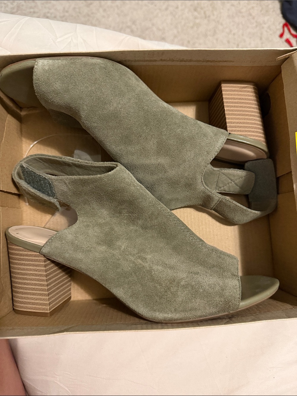 Clarks Olive Suede Slingback Peep-Toe Block Heels
